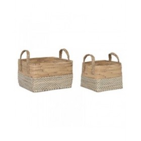 Set di Cestini Home ESPRIT Bianco Naturale Marrone Chiaro PVC Erba di mare Juncus 43 x 38 x 36 cm (2 Pezzi)