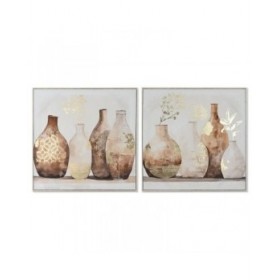 Quadro Home ESPRIT Beige Dorato polistirene Tela Vaso Scandinavo 82,5 x 3,5 x 82,5 cm (2 Unità)