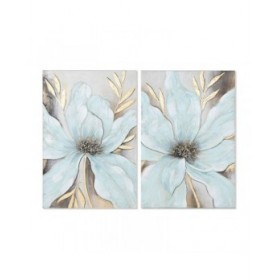 Quadro Home ESPRIT Azzurro Dorato Tela Legno MDF Fiore Shabby Chic 60 x 3 x 90 cm (2 Unità)