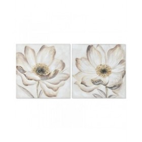 Quadro Home ESPRIT Beige Dorato Tela Legno MDF Fiore Romantico 60 x 3 x 60 cm (2 Unità)