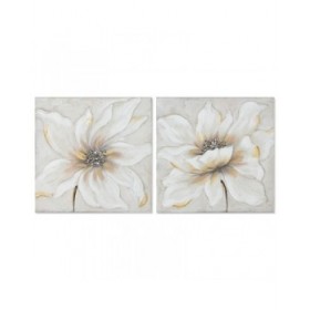 Quadro Home ESPRIT Bianco Beige Tela Legno MDF Fiore Romantico 50 x 2,5 x 50 cm (2 Unità)