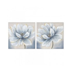 Quadro Home ESPRIT Azzurro Bianco Tela Legno MDF Fiore Tradizionale 40 x 2,5 x 40 cm (2 Unità)