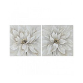 Quadro Home ESPRIT Bianco Tela Legno MDF Fiore Romantico 80 x 3 x 80 cm (2 Unità)