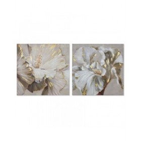 Quadro Home ESPRIT Beige Dorato Tela Legno MDF Moderno Fiore 80 x 3 x 80 cm (2 Unità)