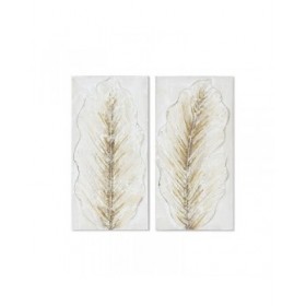 Quadro Home ESPRIT Bianco Dorato Tela Legno MDF Foglia della pianta Romantico 30 x 2,5 x 60 cm (2 Unità)