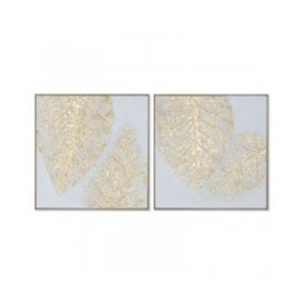 Quadro Home ESPRIT Bianco Dorato Tela Legno MDF Moderno Foglia della pianta 82 x 4,5 x 82 cm (2 Unità)