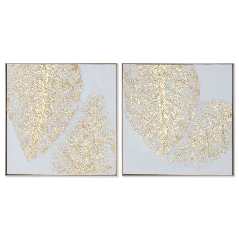 Quadro Home ESPRIT Bianco Dorato Tela Legno MDF Moderno Foglia della pianta 82 x 4,5 x 82 cm (2 Unità)