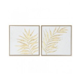 Quadro Home ESPRIT Bianco Dorato Tela Legno MDF Moderno Foglia della pianta 42 x 4 x 42 cm (2 Unità)