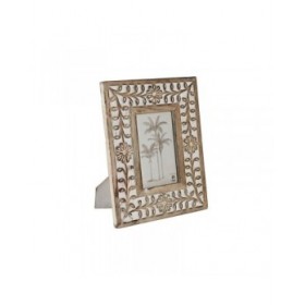 Cornice Portafoto Home ESPRIT Bianco Naturale Cristallo Legno di mango Fiore Indiano 21 x 2 x 26,5 cm