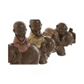 Statua Decorativa Home ESPRIT Marrone Arancio Corallo Lime Resina Frate Orientale 13 x 6 x 12,5 cm (3 Unità)