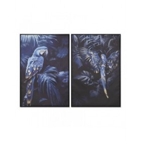 Quadro Home ESPRIT Azzurro Nero Dorato Pappagallo Tropicale 83 x 4 x 123 cm (2 Unità)