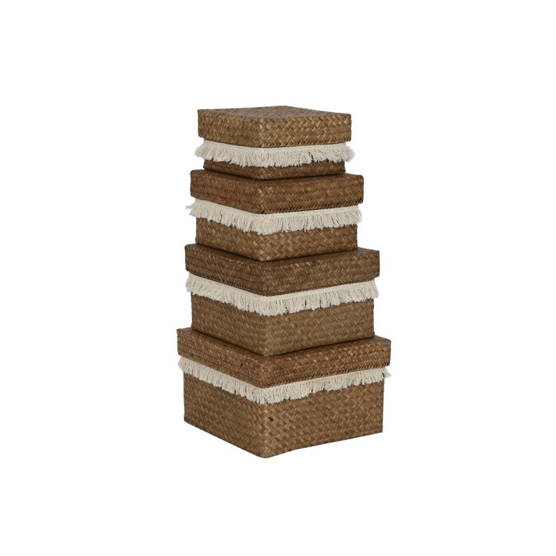 Set di Cestini Home ESPRIT Bianco Naturale Fibra naturale Boho Consumato (4 Pezzi)