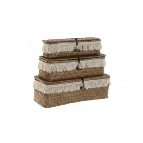 Set di Cestini Home ESPRIT Bianco Naturale Fibra naturale Boho Consumato (3 Pezzi)