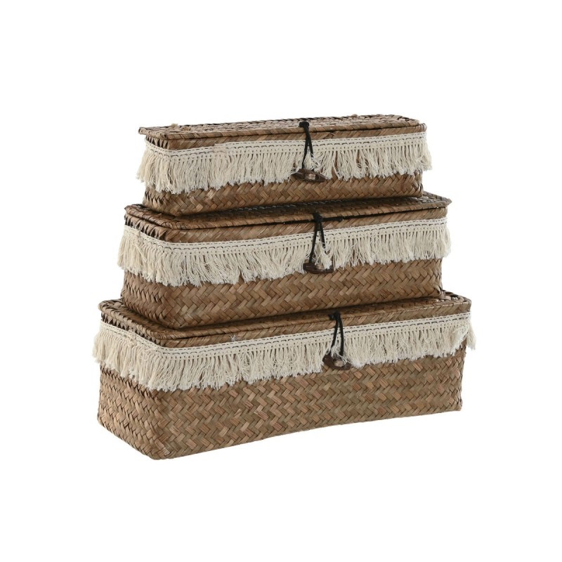 Set di Cestini Home ESPRIT Bianco Naturale Fibra naturale Boho Consumato (3 Pezzi)