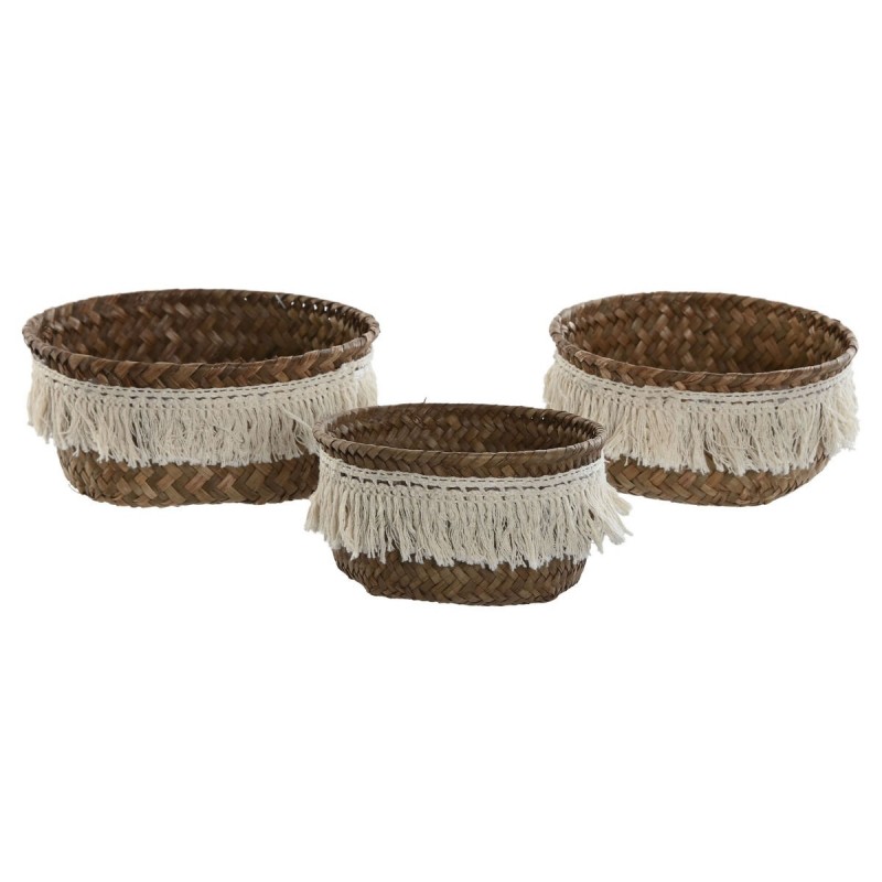 Set di Cestini Home ESPRIT Bianco Naturale Fibra naturale Boho Consumato (3 Pezzi)