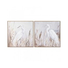 Quadro Home ESPRIT Bianco Beige Grigio Uccello Orientale 80 x 3,5 x 80 cm (2 Unità)