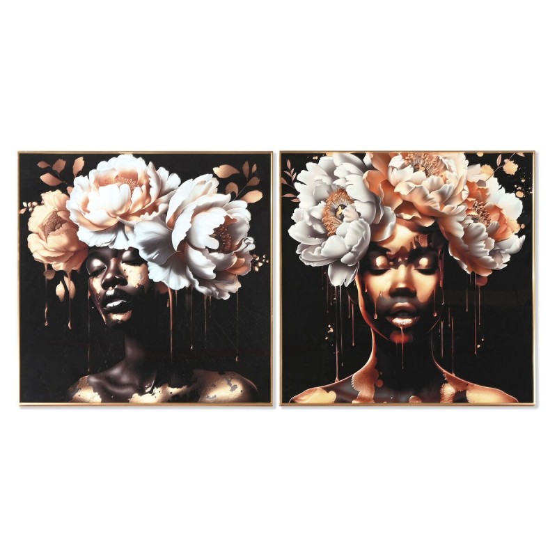 Quadro Home ESPRIT Bianco Nero Dorato Fiori 80 x 3,5 x 80 cm (2 Unità)