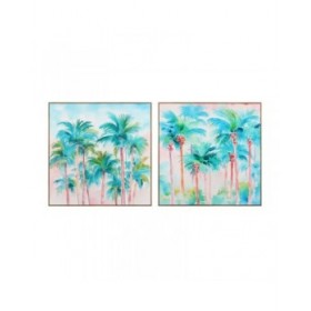 Quadro Home ESPRIT Azzurro Rosso Verde Blu cielo Palme Tropicale 80 x 3,5 x 80 cm (2 Unità)
