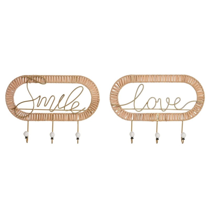 Appendiabiti da parete Home ESPRIT Dorato Naturale Metallo Rattan 40 x 6,4 x 28,6 cm (2 Unità)