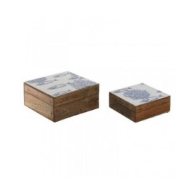 Scatola-Portagioie Home ESPRIT Azzurro Bianco Naturale Legno di mango 18 x 17 x 8,5 cm (2 Unità)