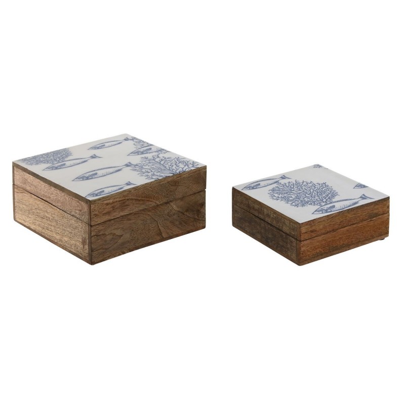 Scatola-Portagioie Home ESPRIT Azzurro Bianco Naturale Legno di mango 18 x 17 x 8,5 cm (2 Unità)