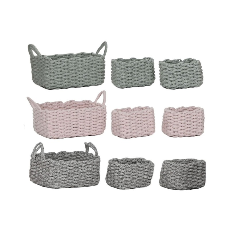 Set di Cestini Home ESPRIT Beige Grigio Rosa Corda (3 Pezzi) (3 Unità)
