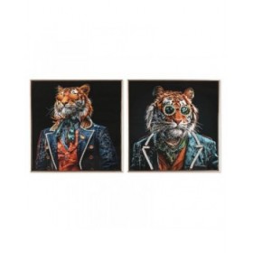 Quadro Home ESPRIT Nero Turchese Tigre Laccato 60 x 3,5 x 60 cm (2 Unità)