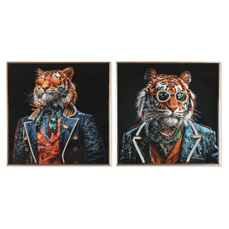 Quadro Home ESPRIT Nero Turchese Tigre Laccato 60 x 3,5 x 60 cm (2 Unità)