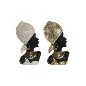 Statua Decorativa Home ESPRIT Bianco Nero Dorato Africana 22 x 11 x 37 cm (2 Unità)