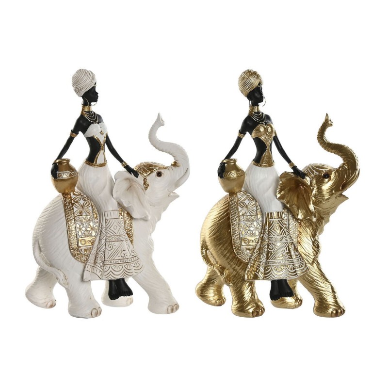 Statua Decorativa Home ESPRIT Bianco Nero Dorato Elefante Africana 21 x 11 x 32 cm (2 Unità)