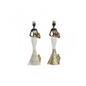 Statua Decorativa Home ESPRIT Bianco Nero Dorato Africana 9,5 x 7,5 x 31 cm (2 Unità)