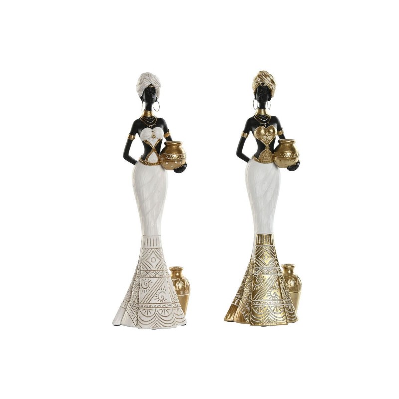 Statua Decorativa Home ESPRIT Bianco Nero Dorato Africana 9,5 x 7,5 x 31 cm (2 Unità)