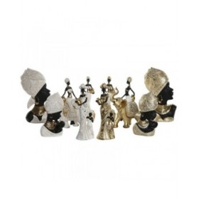 Statua Decorativa Home ESPRIT Bianco Nero Dorato Africana 9,5 x 7,5 x 31 cm (2 Unità)