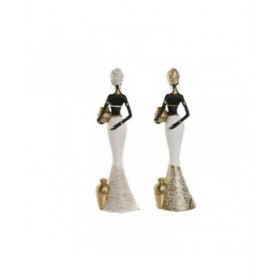 Statua Decorativa Home ESPRIT Bianco Nero Dorato Africana 9,5 x 7,5 x 31 cm (2 Unità)