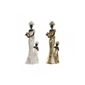 Statua Decorativa Home ESPRIT Bianco Nero Dorato Africana 10 x 7 x 31 cm (2 Unità)