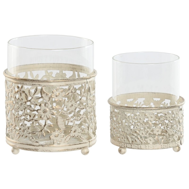 Portacandele Home ESPRIT Crema Metallo Cristallo 11 x 11 x 13 cm (2 Unità)