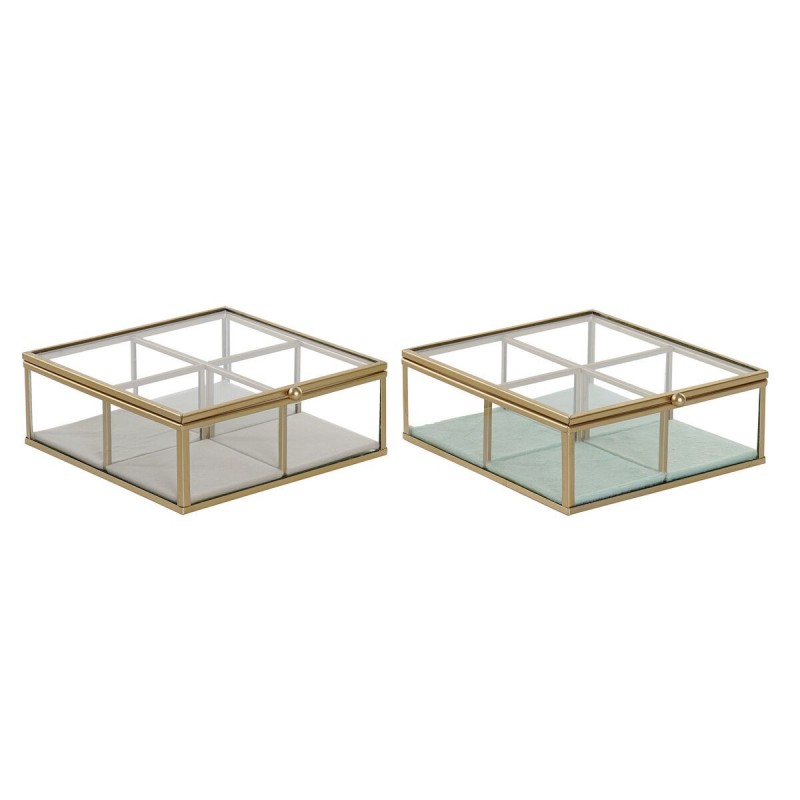 Scatola-Portagioie DKD Home Decor Verde Grigio chiaro Metallo Cristallo 15 x 15 x 5,5 cm (2 Unità)