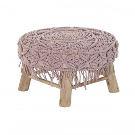 Poggiapiedi DKD Home Decor 48 x 48 x 30 cm Naturale Legno Marrone Rosa chiaro Macramé Boho