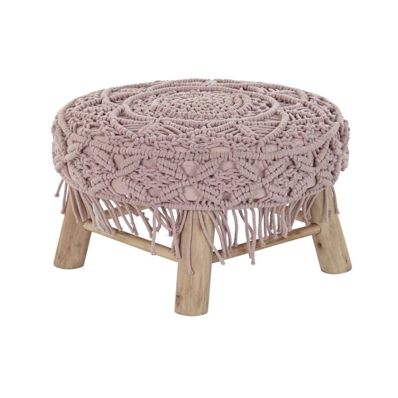 Poggiapiedi DKD Home Decor 48 x 48 x 30 cm Naturale Legno Marrone Rosa chiaro Macramé Boho