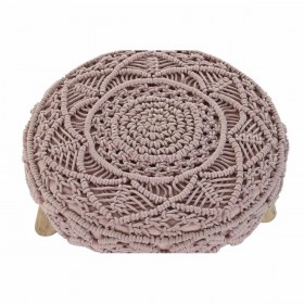 Poggiapiedi DKD Home Decor 48 x 48 x 30 cm Naturale Legno Marrone Rosa chiaro Macramé Boho
