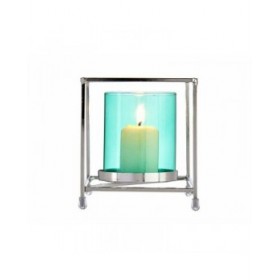Portacandele Quadrato Argentato Azzurro 11,5 x 12,6 x 11,5 cm Metallo Vetro