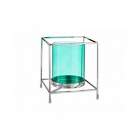 Portacandele Quadrato Argentato Azzurro 14 x 15,5 x 14 cm Metallo Vetro
