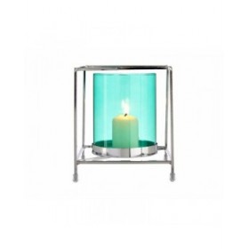 Portacandele Quadrato Argentato Azzurro 14 x 15,5 x 14 cm Metallo Vetro