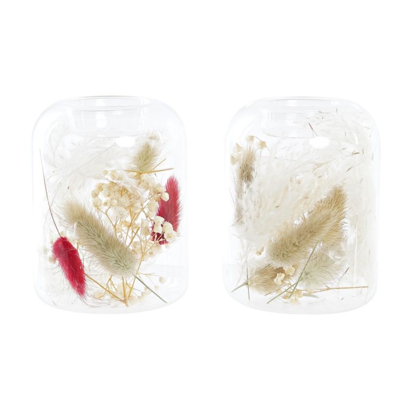 Portacandele DKD Home Decor Fiore secco 8 x 8 x 11 cm Cristallo Beige Rosso Granato (2 Unità)